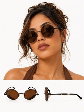 Steampunk Round Metal Frame Sunglasses - Brown